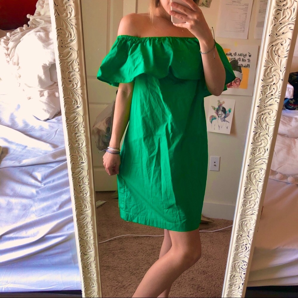 Off the shoulder emerald green dress